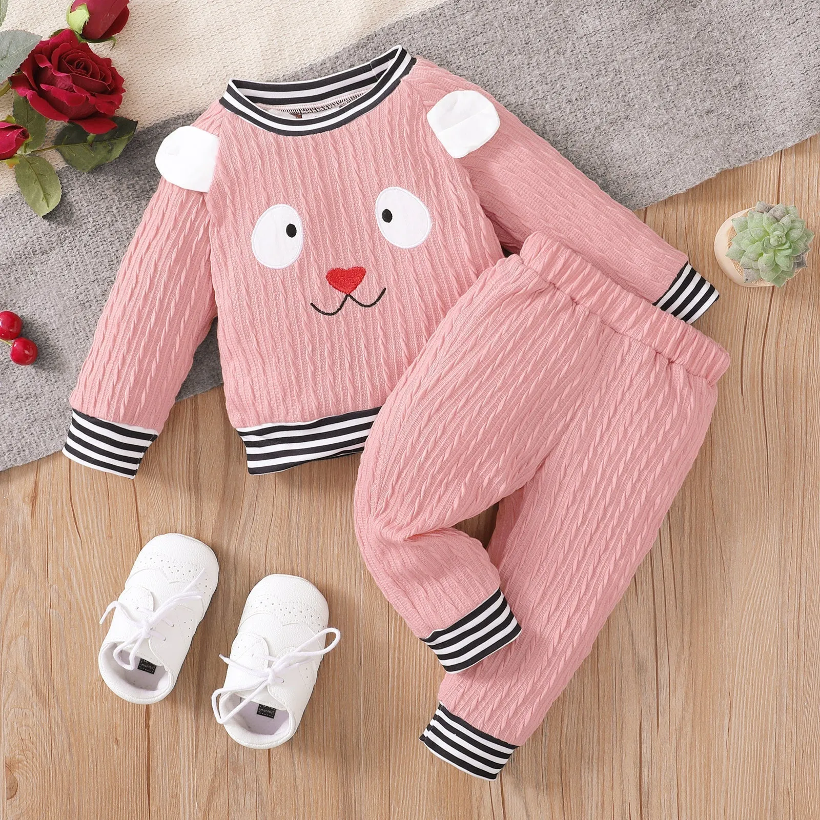 2pcs Baby Girl Pink Imitation Knitting Cartoon 3D Ears Long-sleeve Pullover and Trousers Set