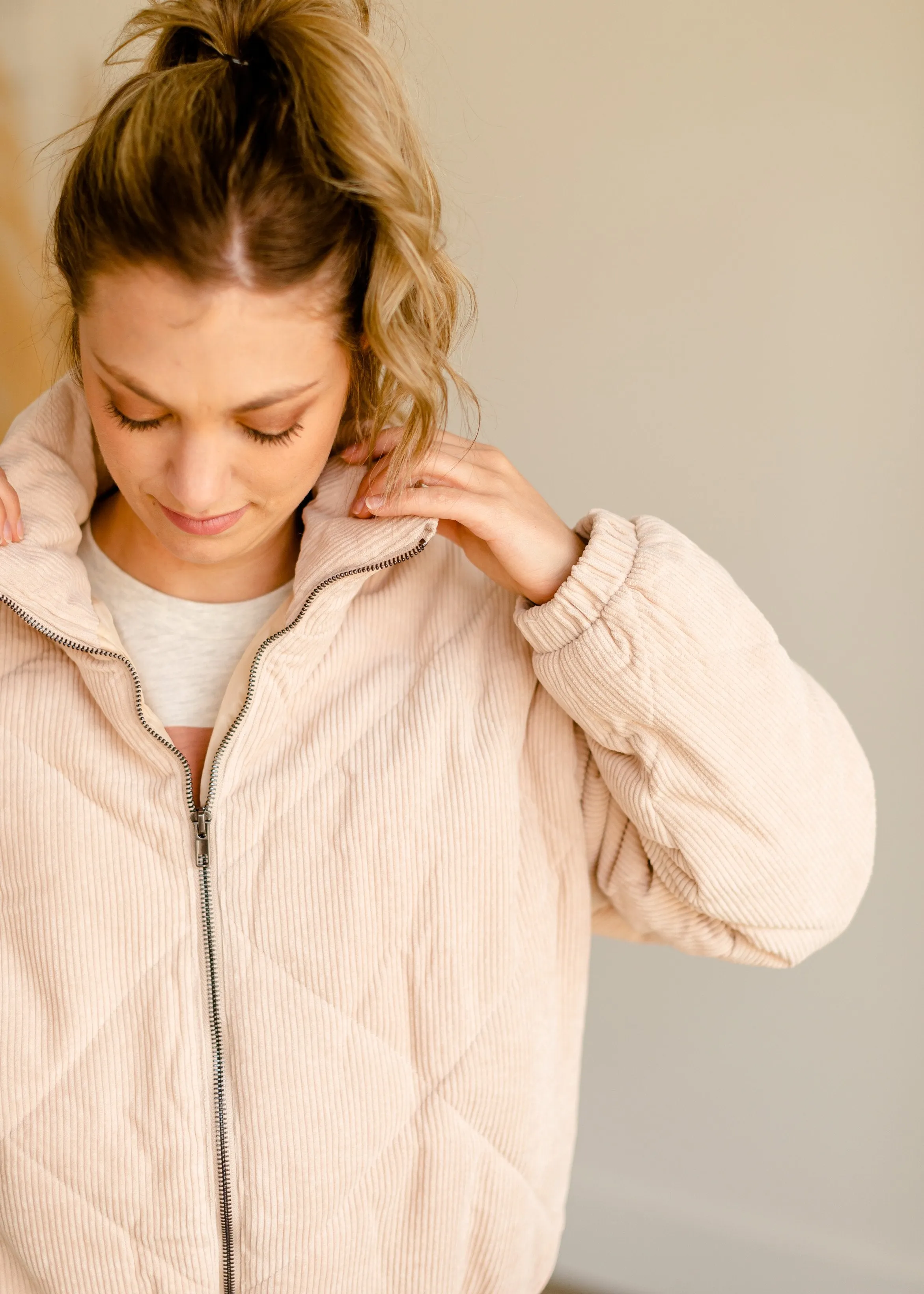 Beige Corduroy Quilted Bomber Jacket