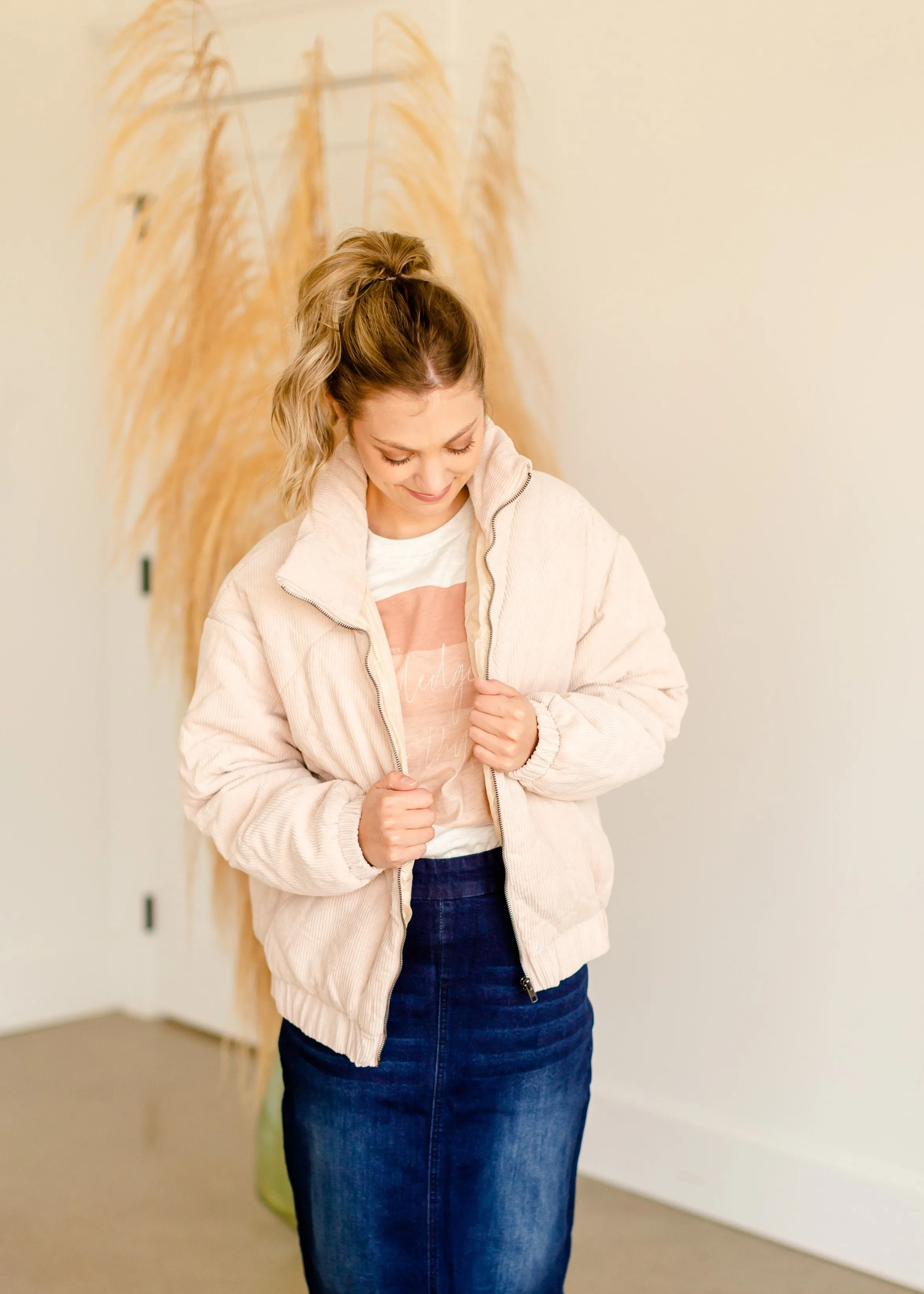 Beige Corduroy Quilted Bomber Jacket