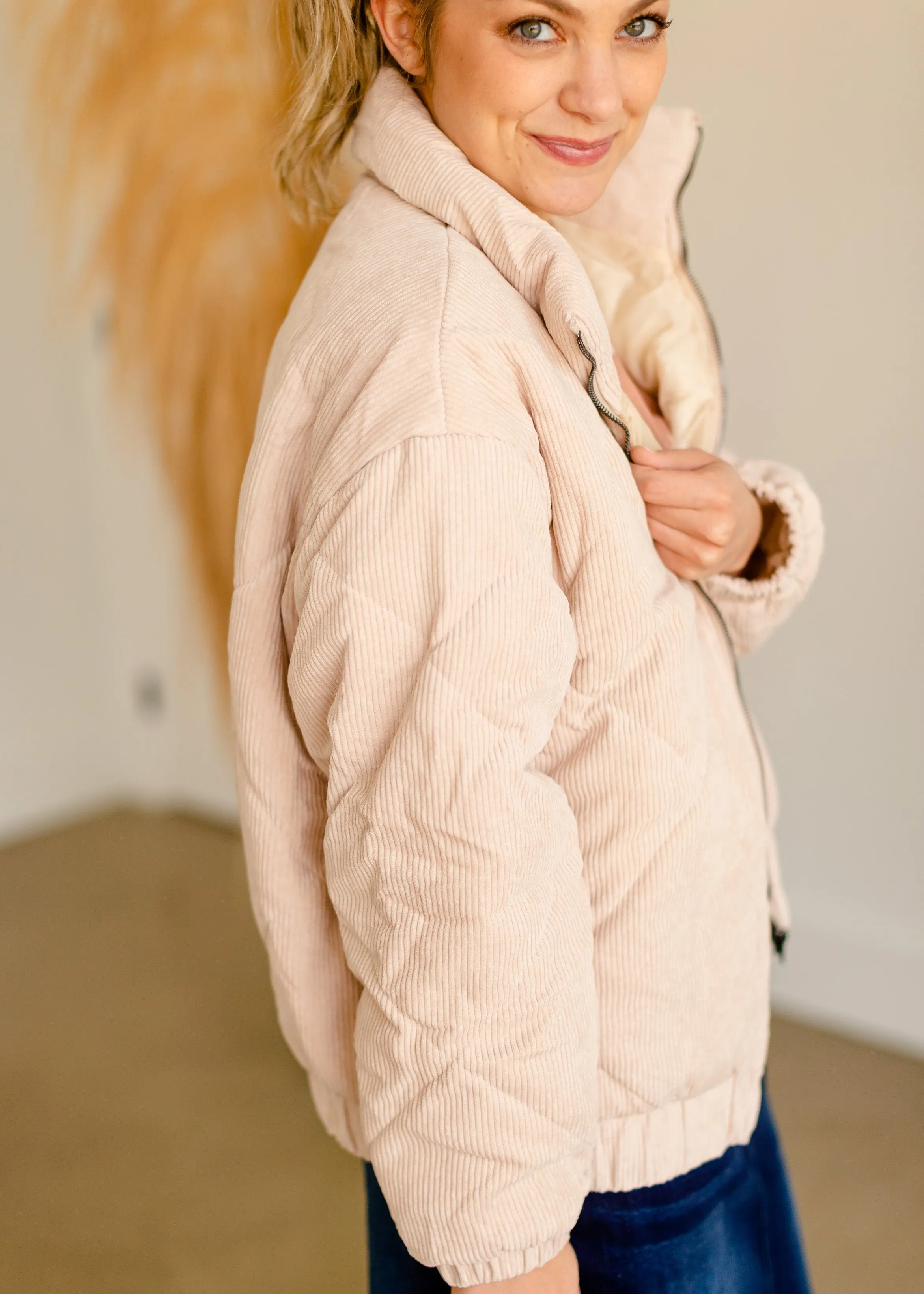 Beige Corduroy Quilted Bomber Jacket