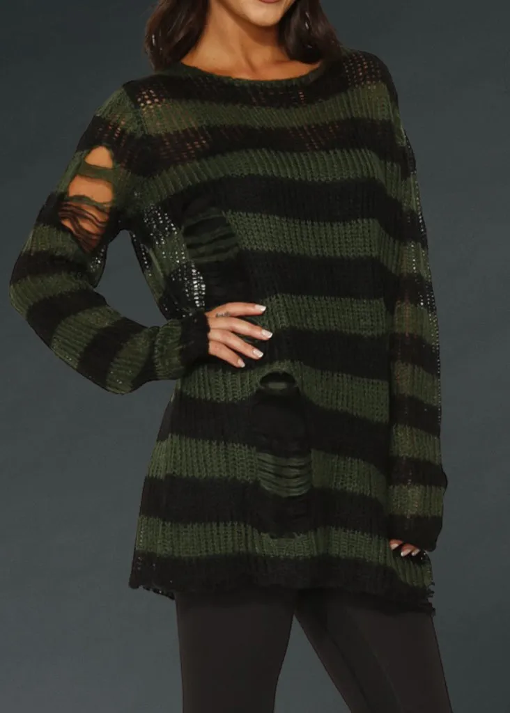 Black and Green Striped Oversized Distressed Knit Sweater