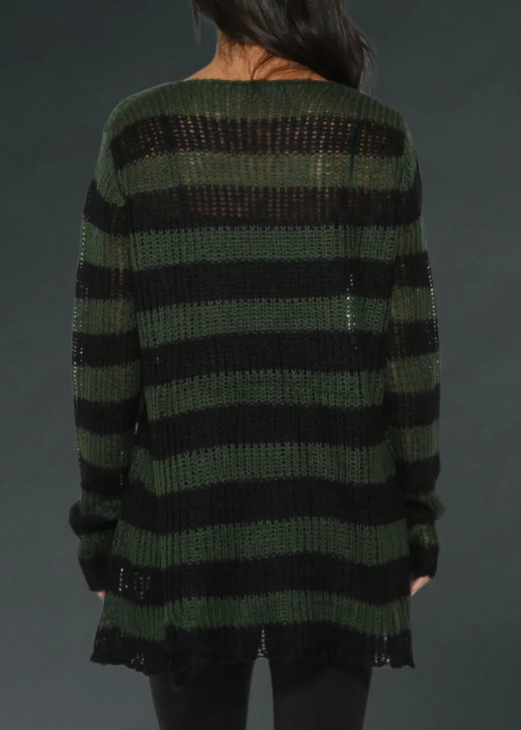 Black and Green Striped Oversized Distressed Knit Sweater