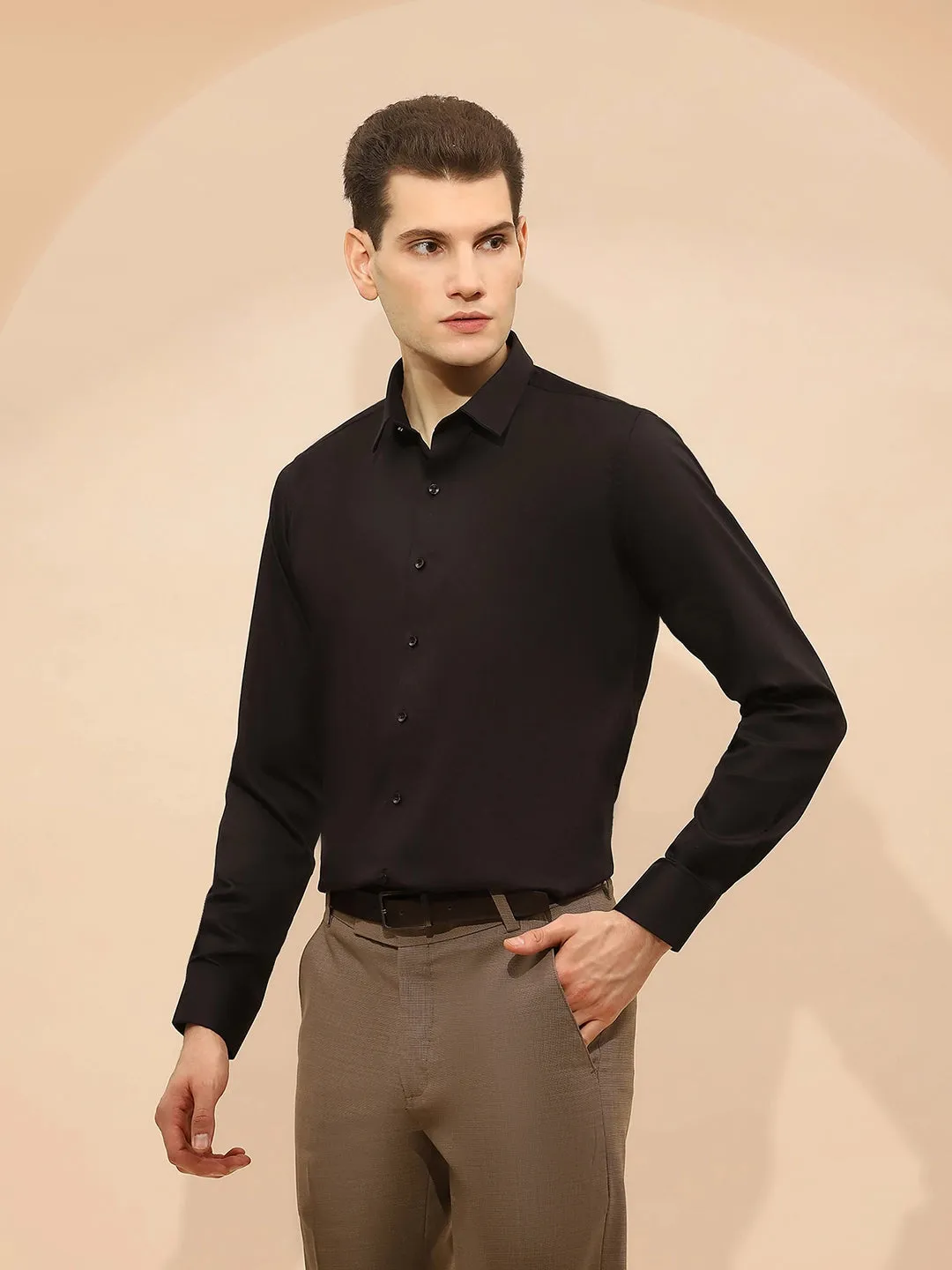 Black Cotton Blend Tailored Fit Shirt For Men