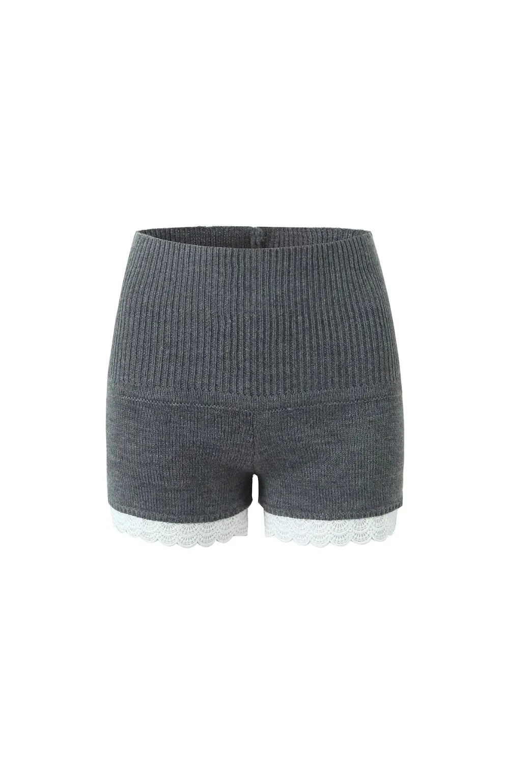 'Carolyn' Trendy Grey Lace-Trimmed Knit Shorts