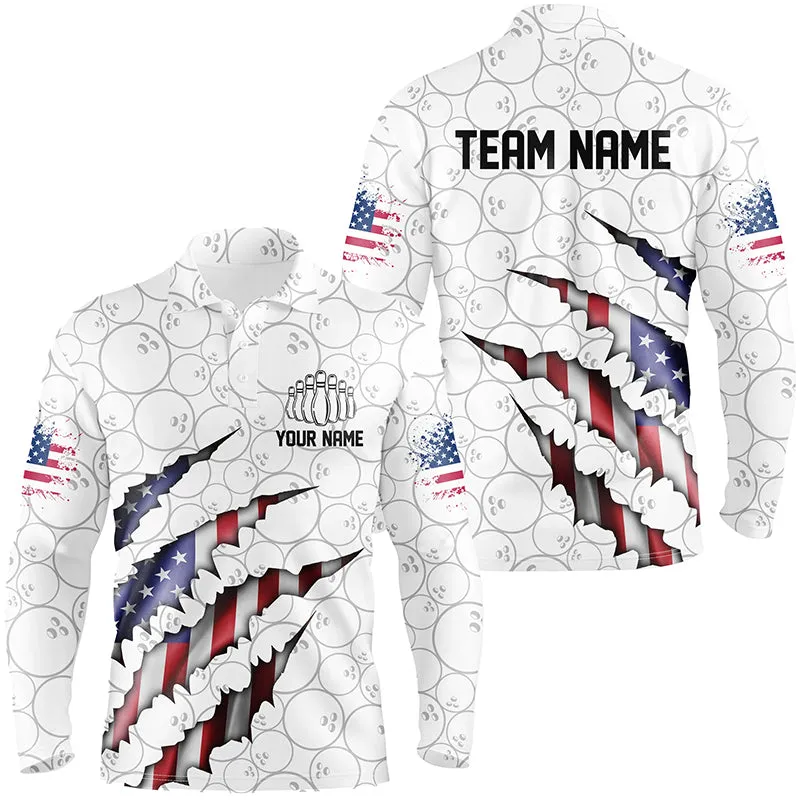 Custom Patriotic Long Sleeve Bowling Shirts For Men, American Flag Usa Bowling League Shirts