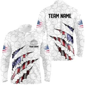 Custom Patriotic Long Sleeve Bowling Shirts For Men, American Flag Usa Bowling League Shirts