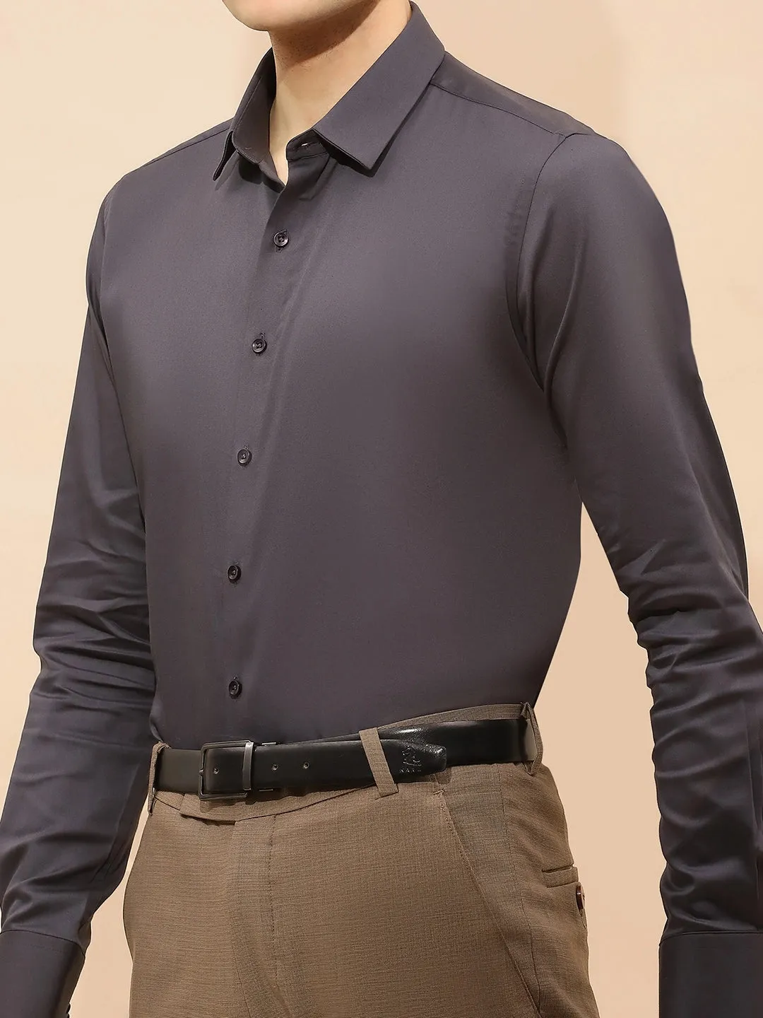 Dark Grey Cotton Blend Tailored Fit Shirt For Men