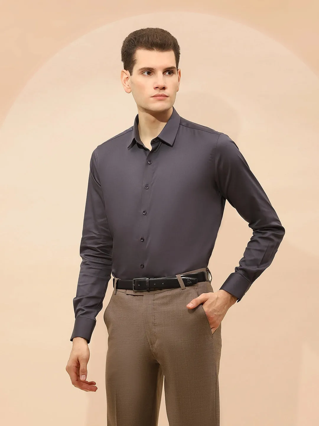 Dark Grey Cotton Blend Tailored Fit Shirt For Men