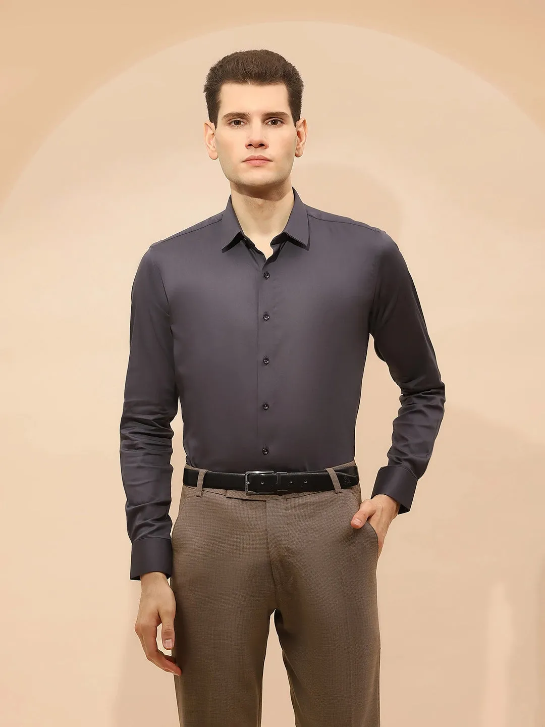 Dark Grey Cotton Blend Tailored Fit Shirt For Men