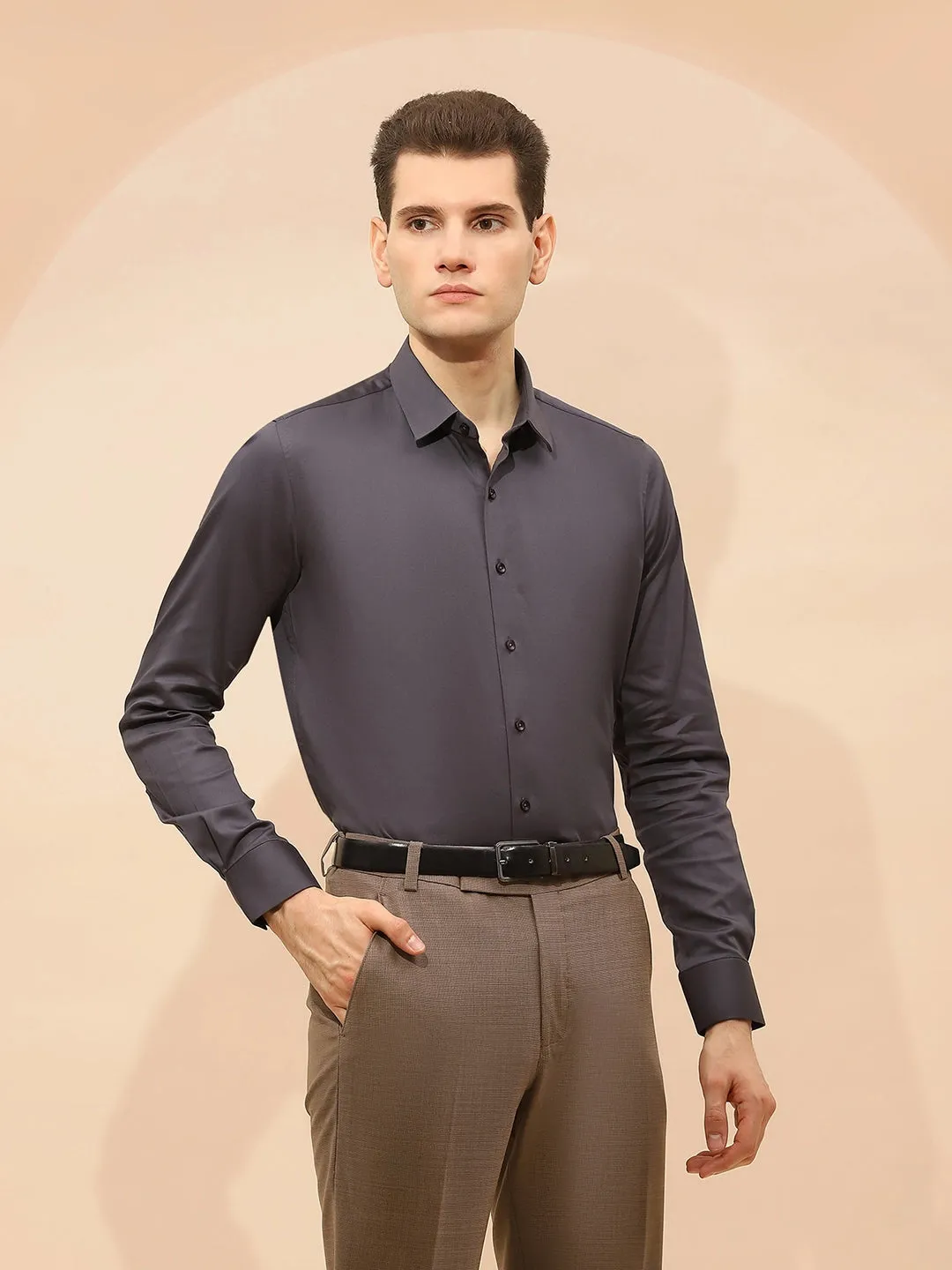 Dark Grey Cotton Blend Tailored Fit Shirt For Men