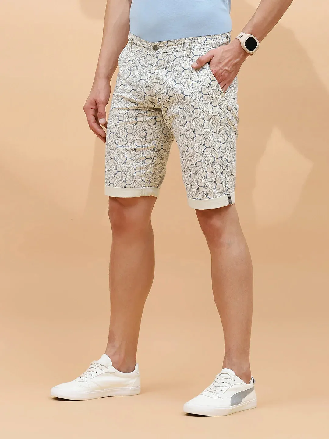 Ecru Cotton Blend Regular Fit Shorts For Men