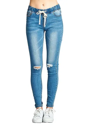 Elasticized Drawstring Waist Busted Knee Washed Denim Skinny Pants Jeans