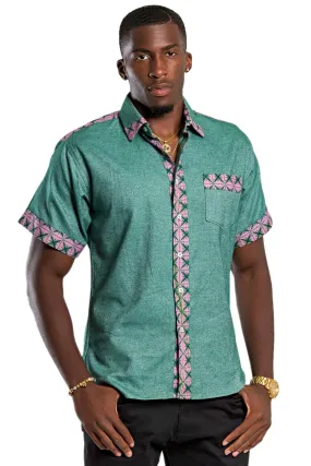 Fally African Print Short Sleeve Men's Shirt - Green / Pink