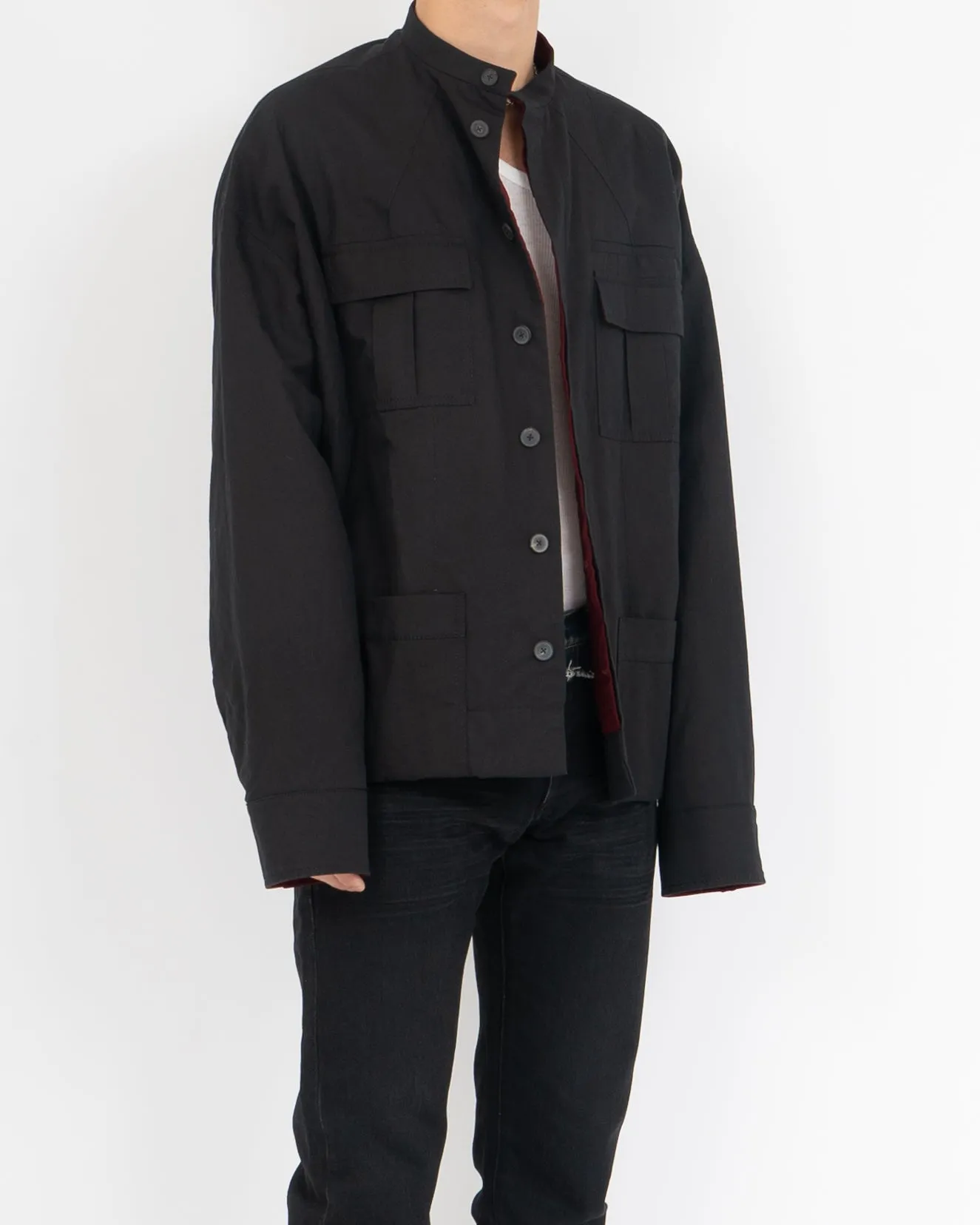 FW17 Mandarin Collar Checked Wool Shirt Black