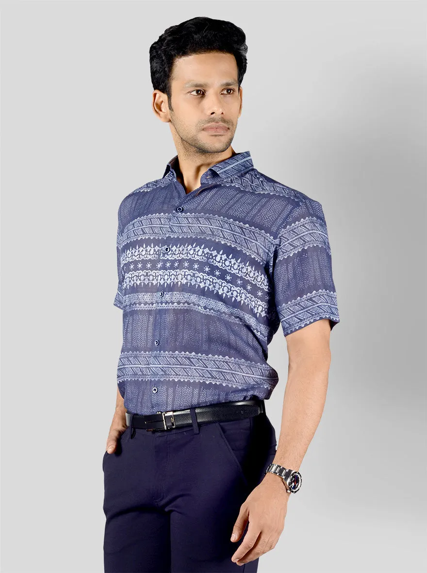 Indigo Blue Printed Regular Fit Formal Shirt | JadeBlue