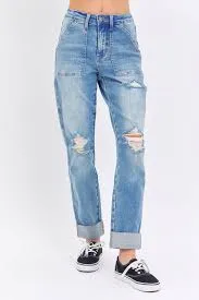 Judy Blue High Waist Patch Pocket Destroyed Boyfriend Jeans