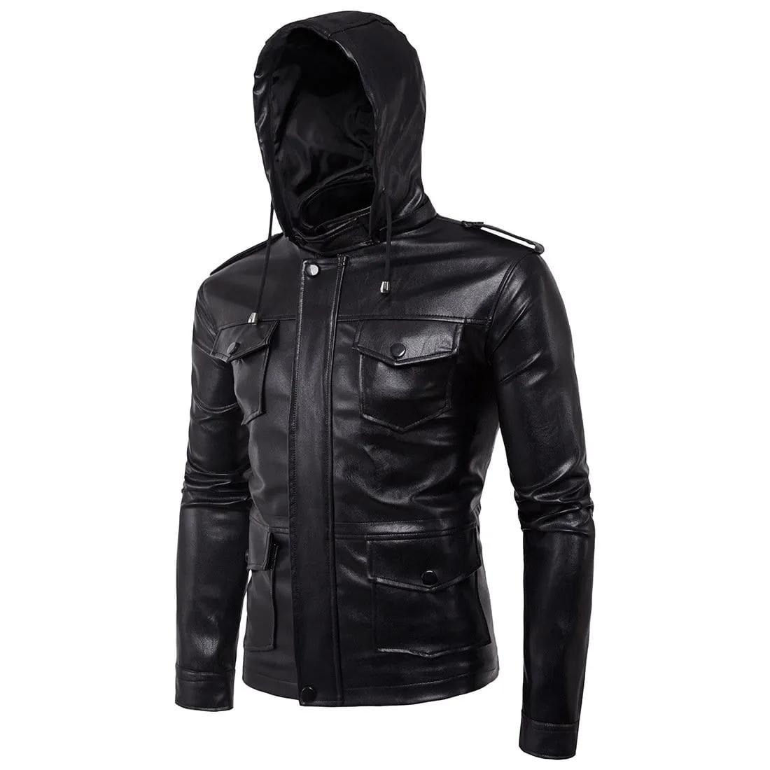 Men's Punk Multi-pockets Faux Leather Jackets With Hood