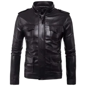 Men's Punk Multi-pockets Faux Leather Jackets With Hood