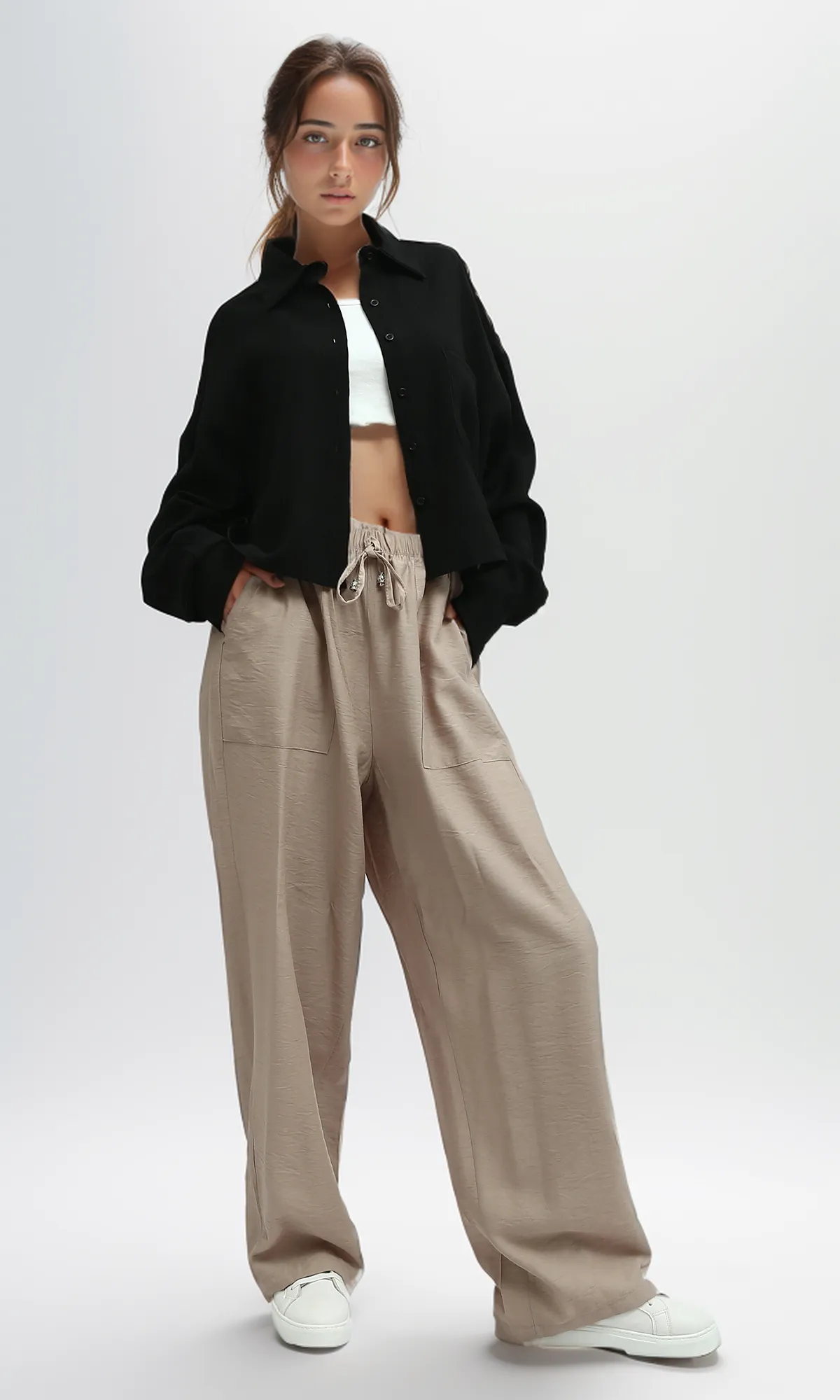 O198044  Light Coffee Fluffy Wide Leg Casual Pants