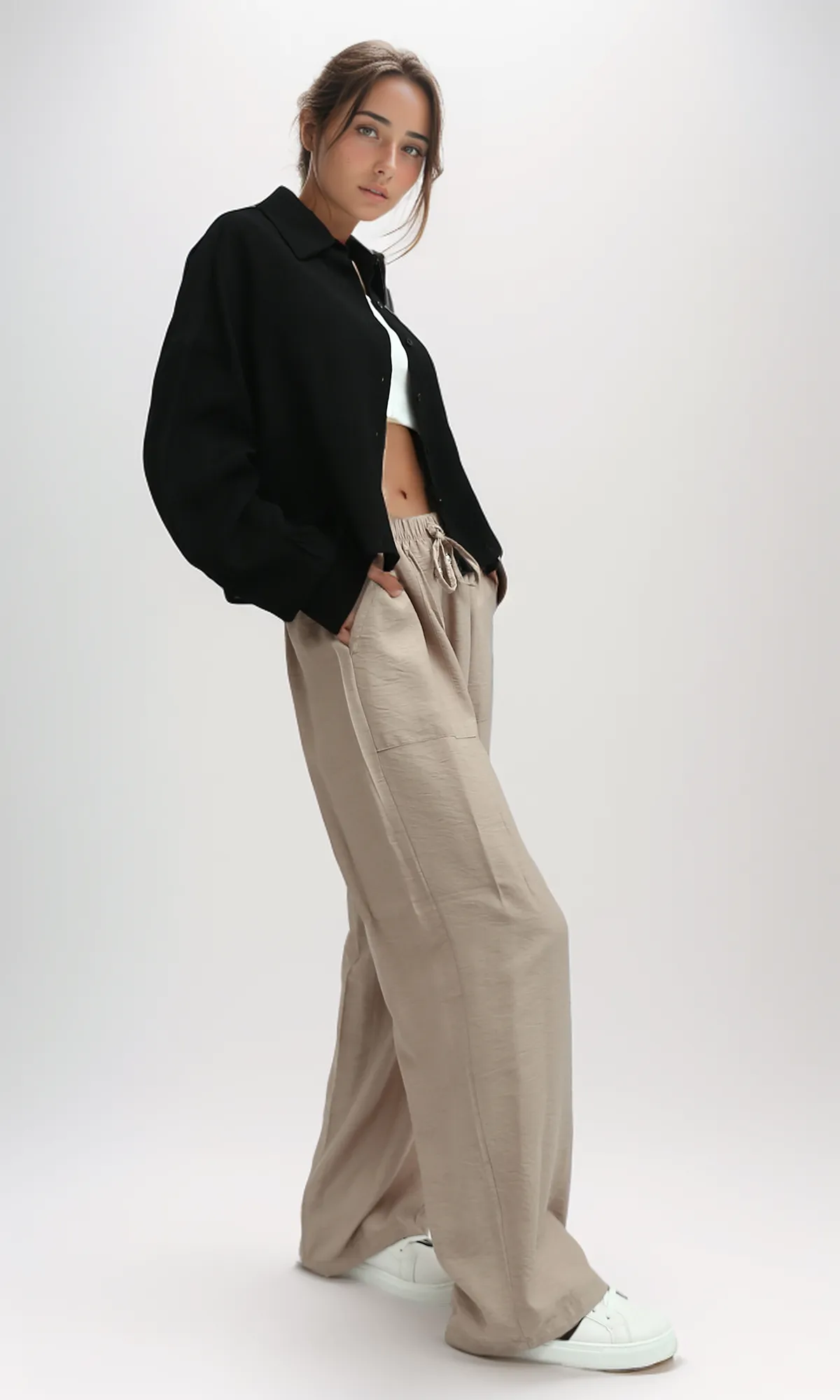 O198044  Light Coffee Fluffy Wide Leg Casual Pants