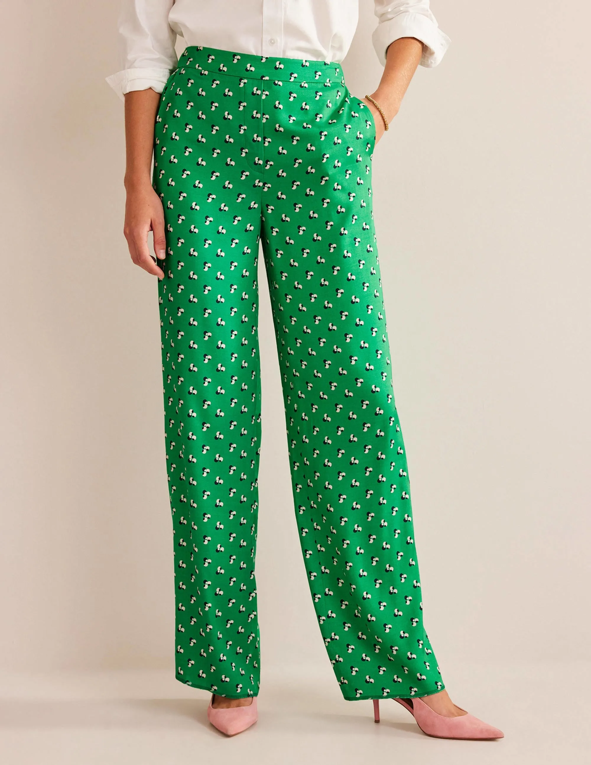 Printed Pull-On Trousers-Meadow Green, Falling Dot