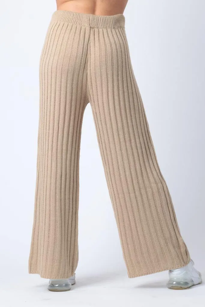 Ribbed Wide Leg Trousers in Beige