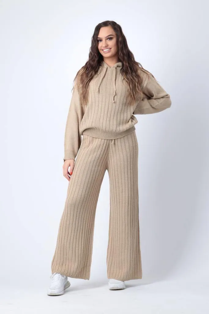 Ribbed Wide Leg Trousers in Beige