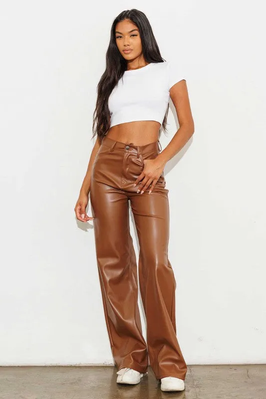 TEEK - Cognac Vegan Leather Wide Leg Pants