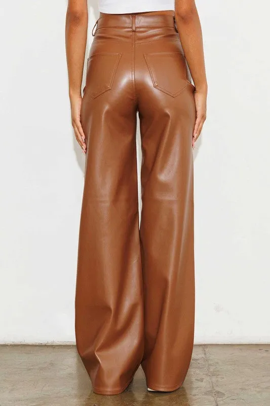 TEEK - Cognac Vegan Leather Wide Leg Pants