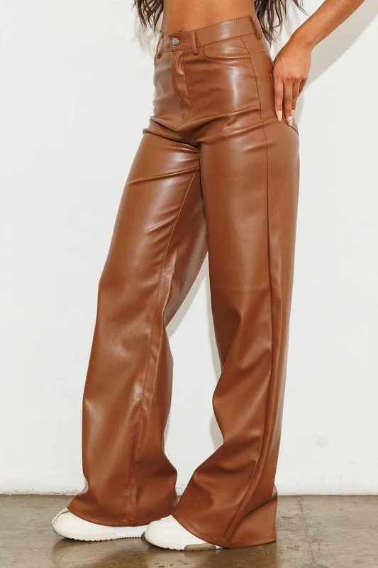 TEEK - Cognac Vegan Leather Wide Leg Pants