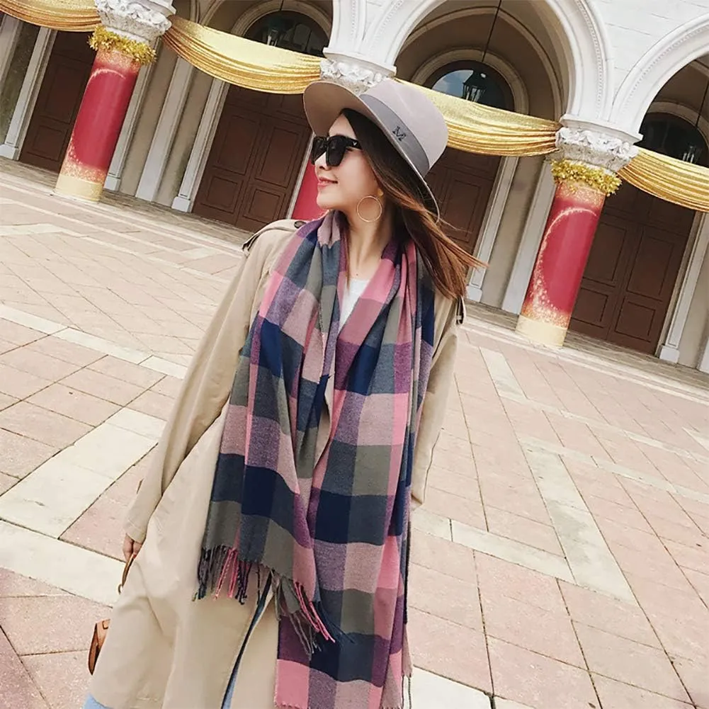 Women's Long Plaid Blanket Chunky Oversized Winter Fall Warm Scarf