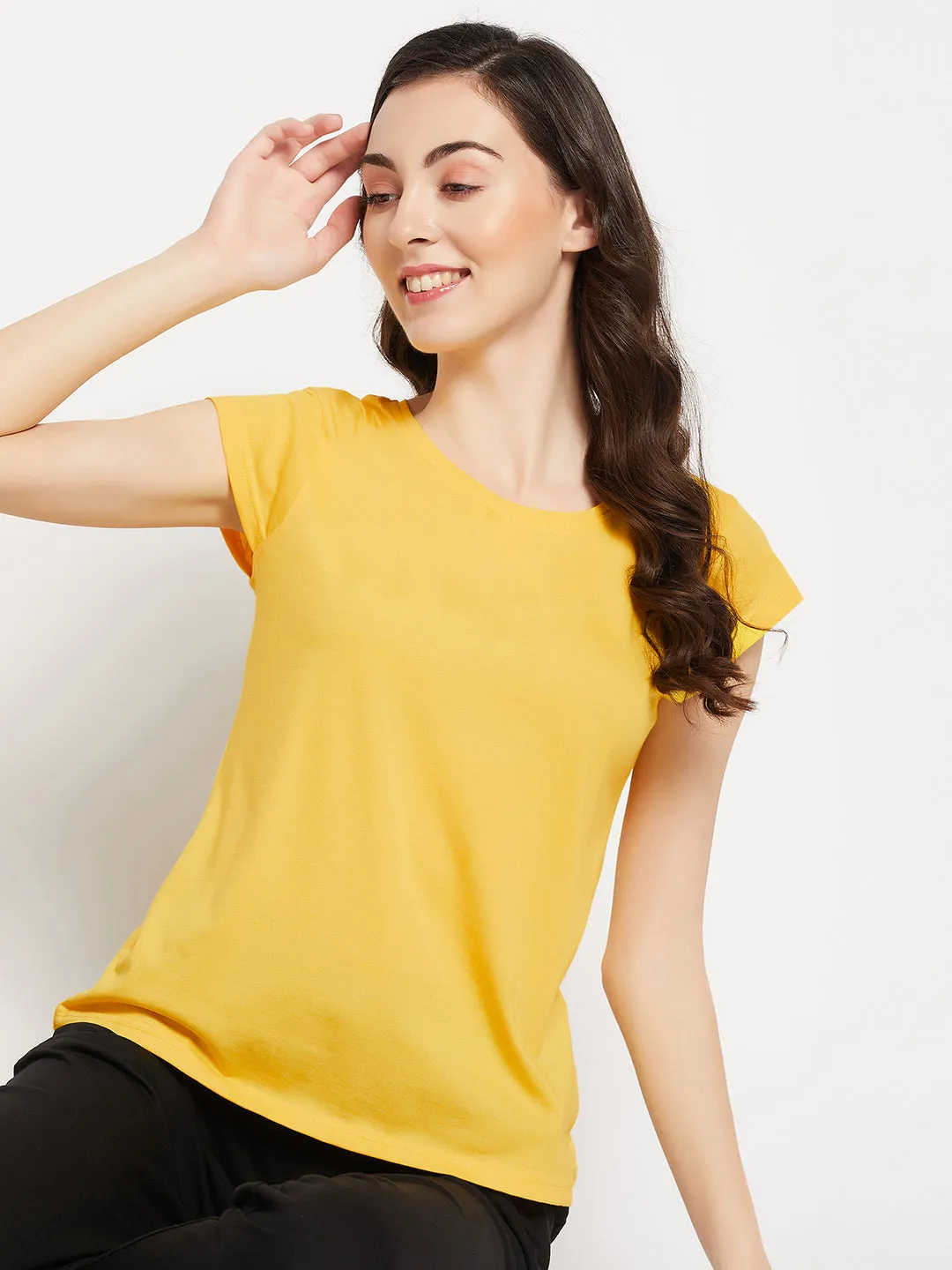 Yellow Cotton Chic Cap Sleeves Basic Top